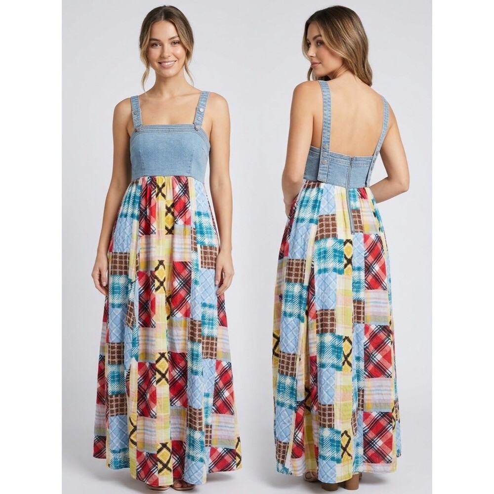 Ces Femme Denim Top Patchwork Plaid Maxi Dress Sz S |Boho Festival Sundress